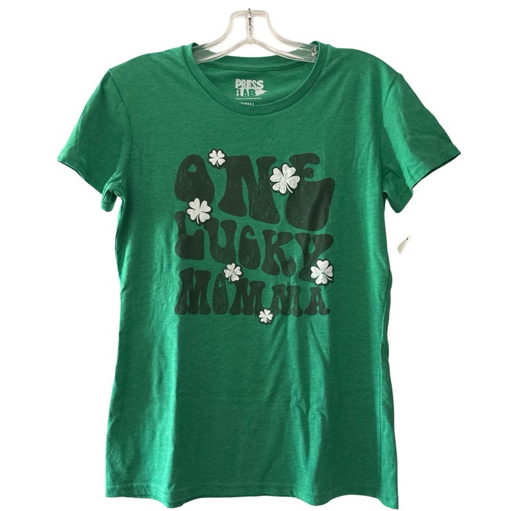Press Lab St Patricks Day Womens Graphic Tee “One Lucky Momma” Short Slv Small S